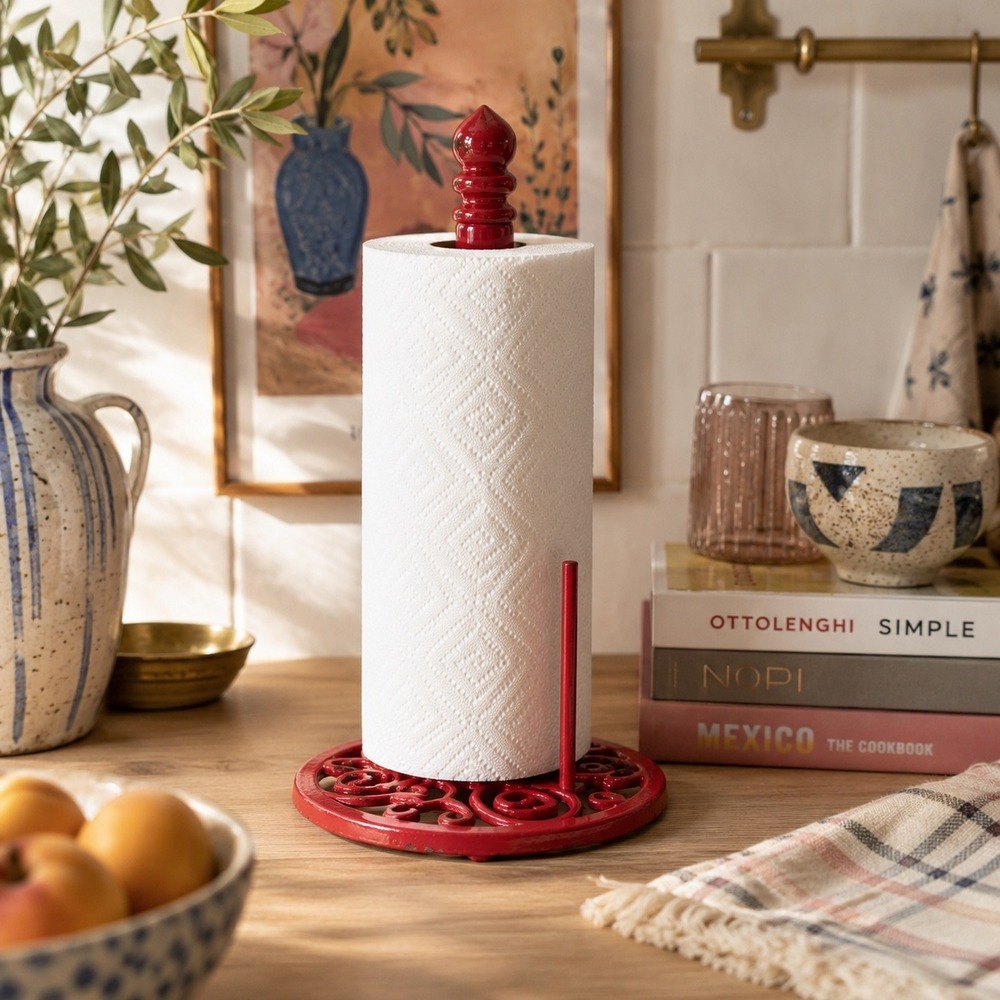 Vintage Red Cast Iron Paper Towel Holder Kitchen Counter Organizer 1990s